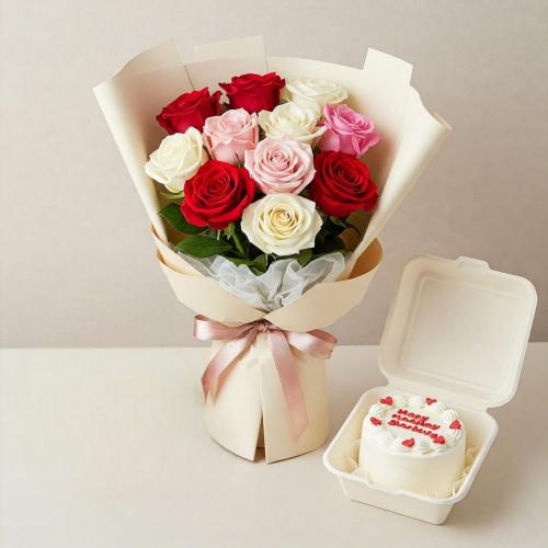 Sweet Mini Surprise – Mixed Roses & Bento Cake Combo