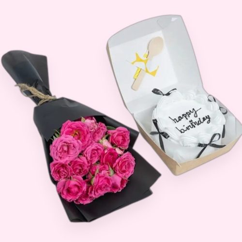 Combo - Pink Baby Roses with Round mini Cake (Any Message)