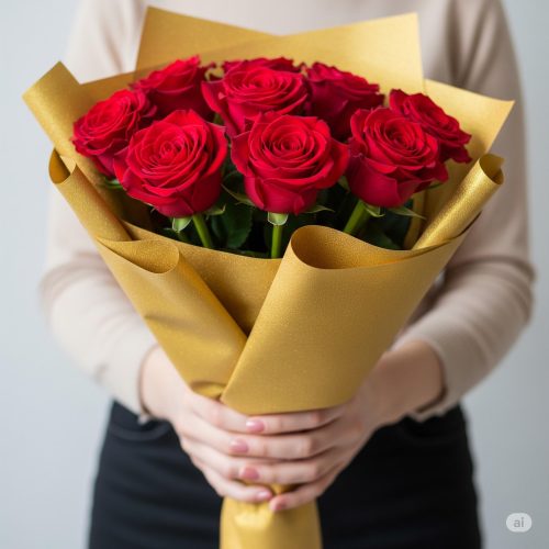 Golden Grace – Red Rose Hand Bouquet