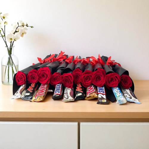 Sweet Stems – Single Rose & Chocolate Mini Wrap (Set of 10)