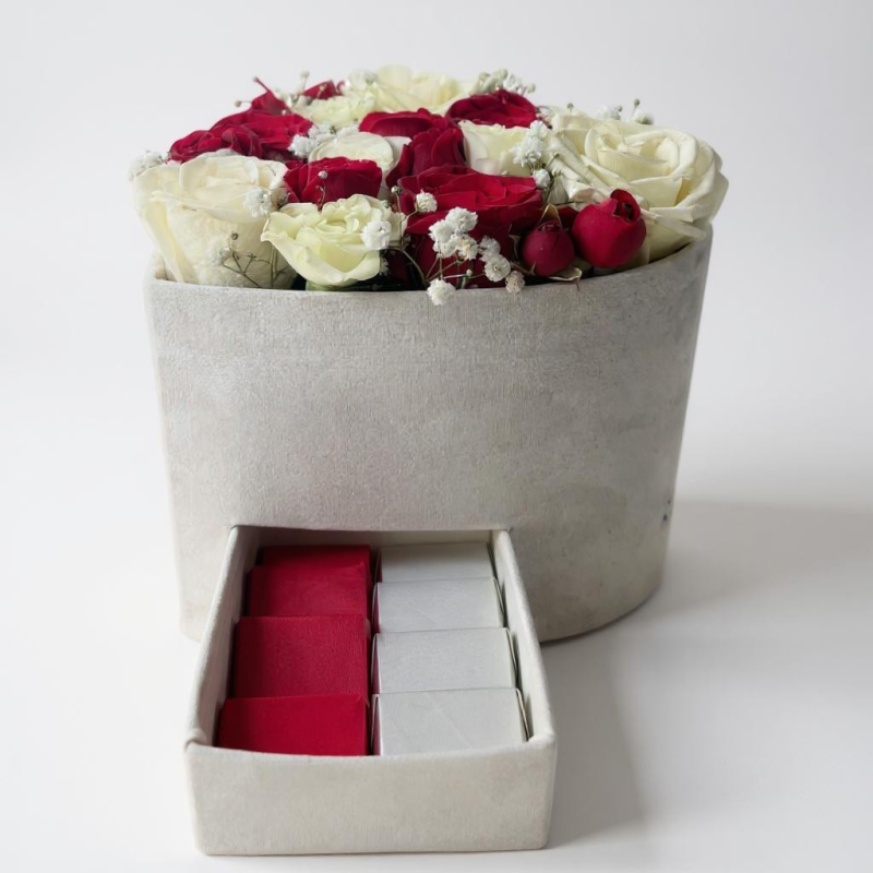 Heartful Elegance – Red & White Roses with Chocolates in Velvet Box - Image 2