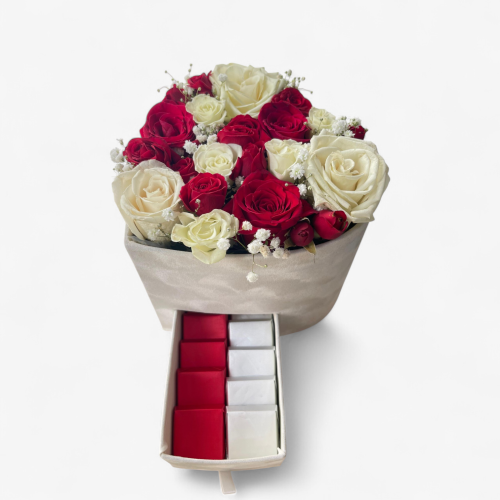 Heartful Elegance – Red & White Roses with Chocolates in Velvet Box
