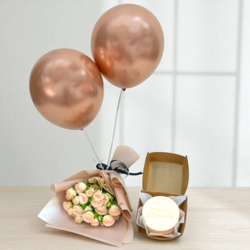Combo - Rose Gold cake with a hand bouquet and balloons
