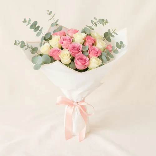 Blushing Petals – Pink & Ivory Rose Bouquet with Eucalyptus