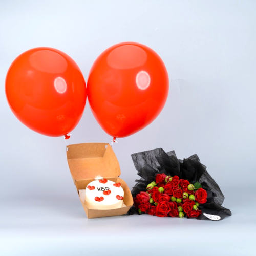 Combo - Lil Heart HBD cake with a hand bouquet and balloons (Any Message)