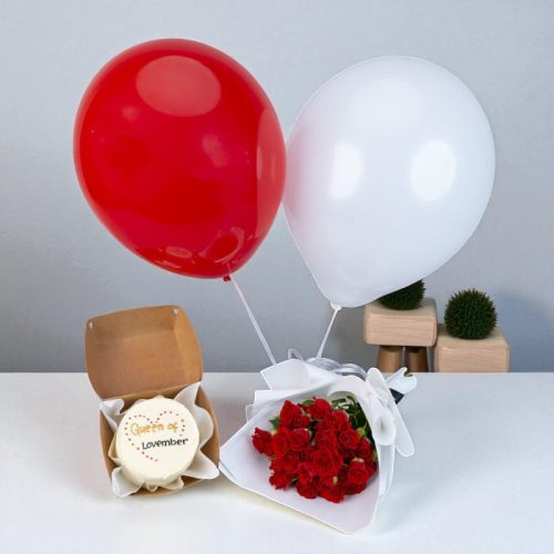 Combo - A chocolate cake with a hand bouquet and balloons (Any Message)