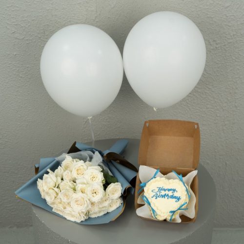 Combo - Blue heart HBD cake with a hand bouquet and balloons (Any Message)