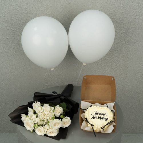 Combo - Heart HBD cake with a hand bouquet and balloons (Any Message)