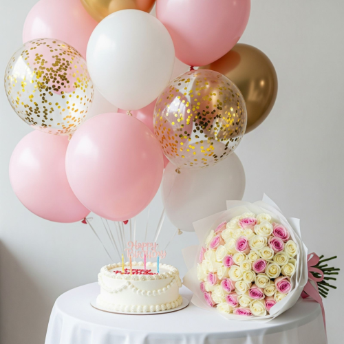 Birthday Luxe Trio – Cake, Balloons & Rose Bouquet Set