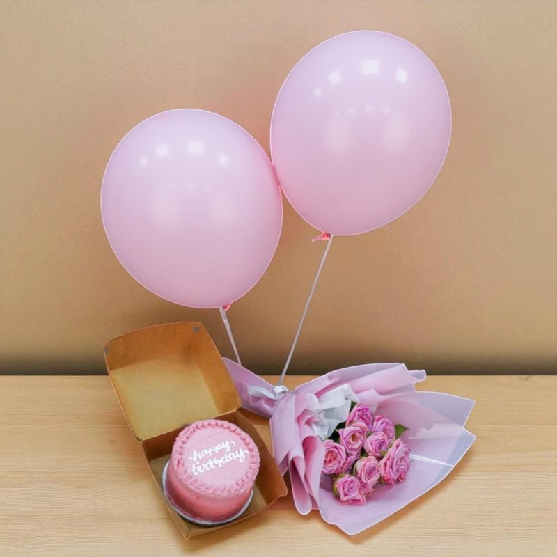 Combo - Pink HBD cake with a hand bouquet and balloons (Any Message)
