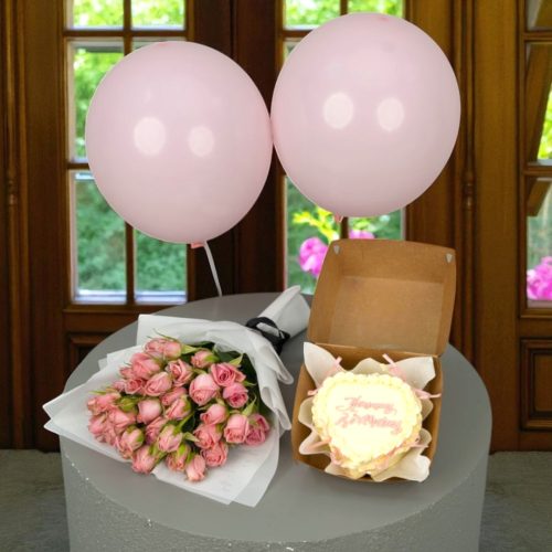 Combo - Heart HBD cake with a hand bouquet and balloons (Any Message)