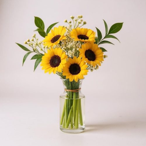 Sunshine Glow – Fresh Sunflowers in Glass Vase