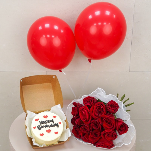 Combo - HBD round with a white hand bouquet and balloons