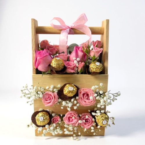 Blossom Crate – Pink Roses & Chocolates in Wooden Floral Stand