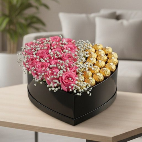 Heartfelt Delight – Pink Roses & Chocolates in Heart Box