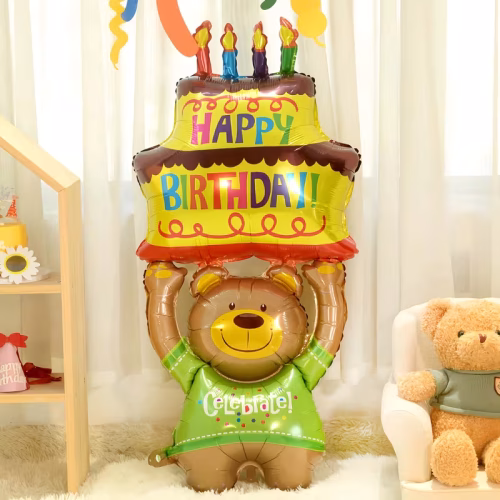 Happy Birthday Bear Balloon – 48-Inch Cake Holding Bear Foil Decoration
