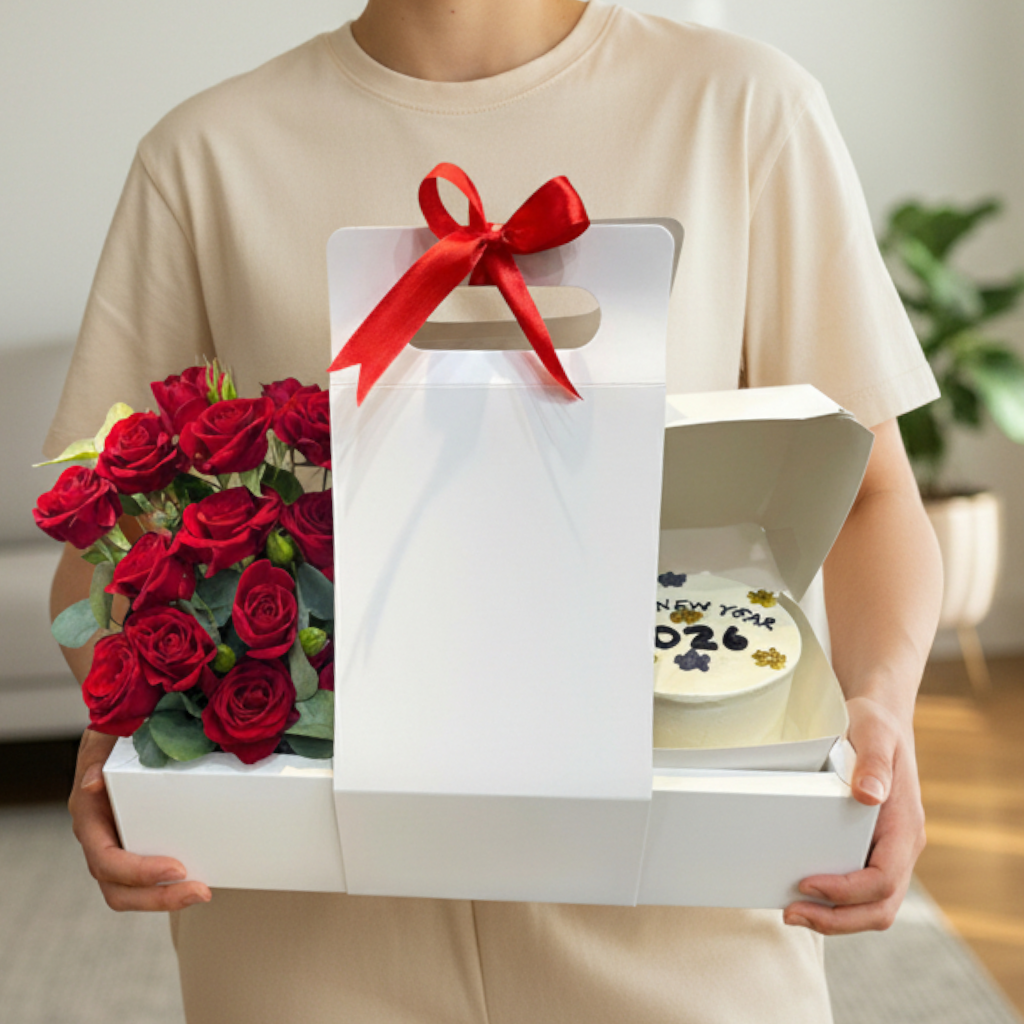 Delight Box – Baby Rose Flower & Mini Happy New Year Cake Chocolate - Image 2