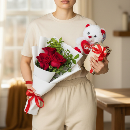 Crimson Love Gift Set - Flower Bouquet, Teddy and Chocolate Box