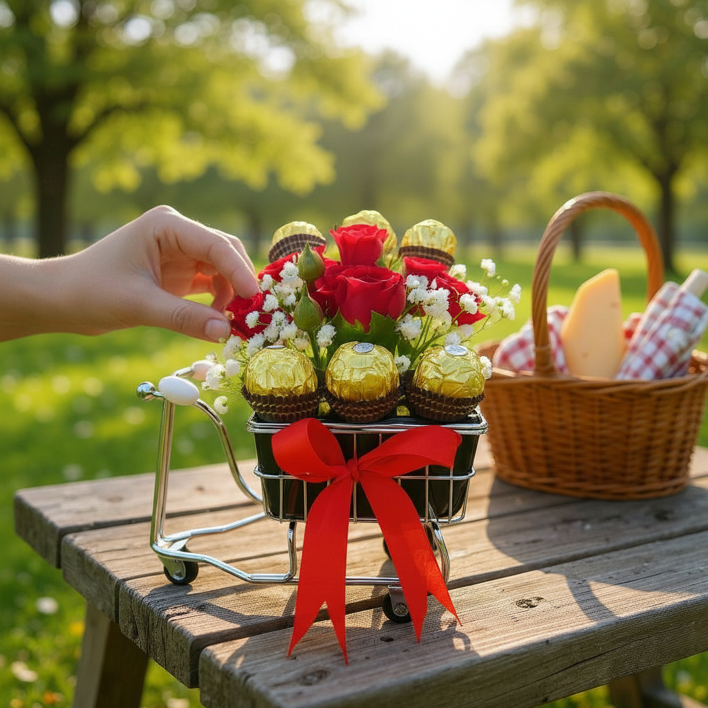 Sweet Moments Mini Baby Rose Flowers & Chocolate Cart Arrangement