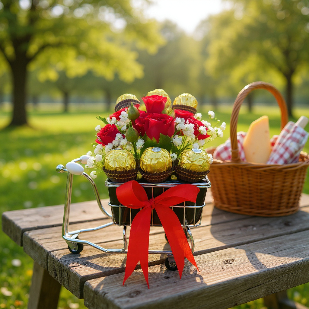 Sweet Moments Mini Baby Rose Flowers & Chocolate Cart Arrangement - Image 2