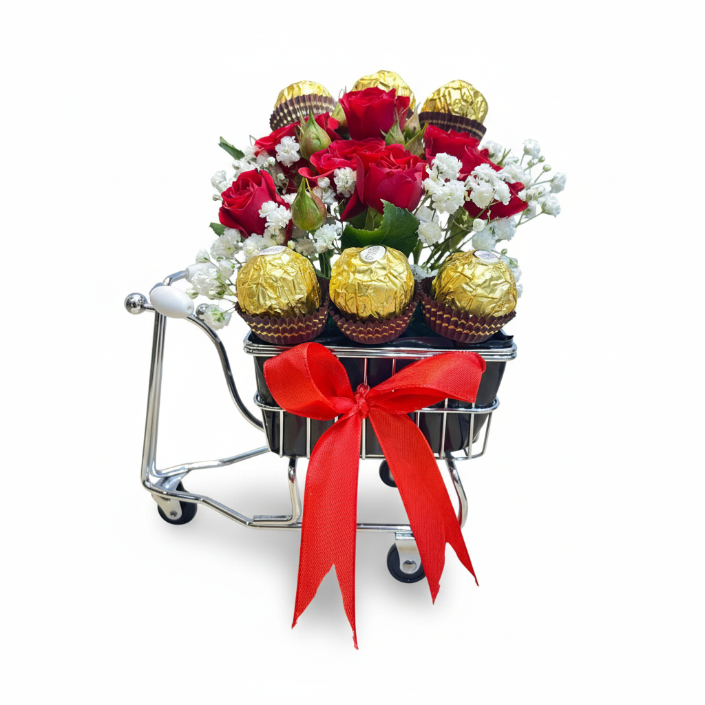 Sweet Moments Mini Baby Rose Flowers & Chocolate Cart Arrangement - Image 3