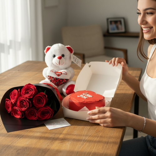 Love Trio Gift Combo – Red Roses, Chocolate Cake & Teddy Bear