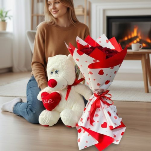 Forever Love – 12 Red Roses & Teddy Gift