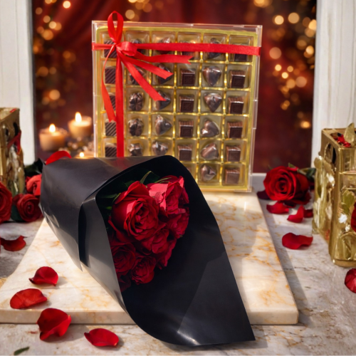 Romantic Chocolate & Red Rose Bouquet Bundle