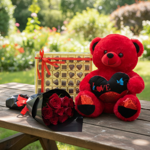 Love in Red – Roses, Teddy & Chocolate Gift Combo