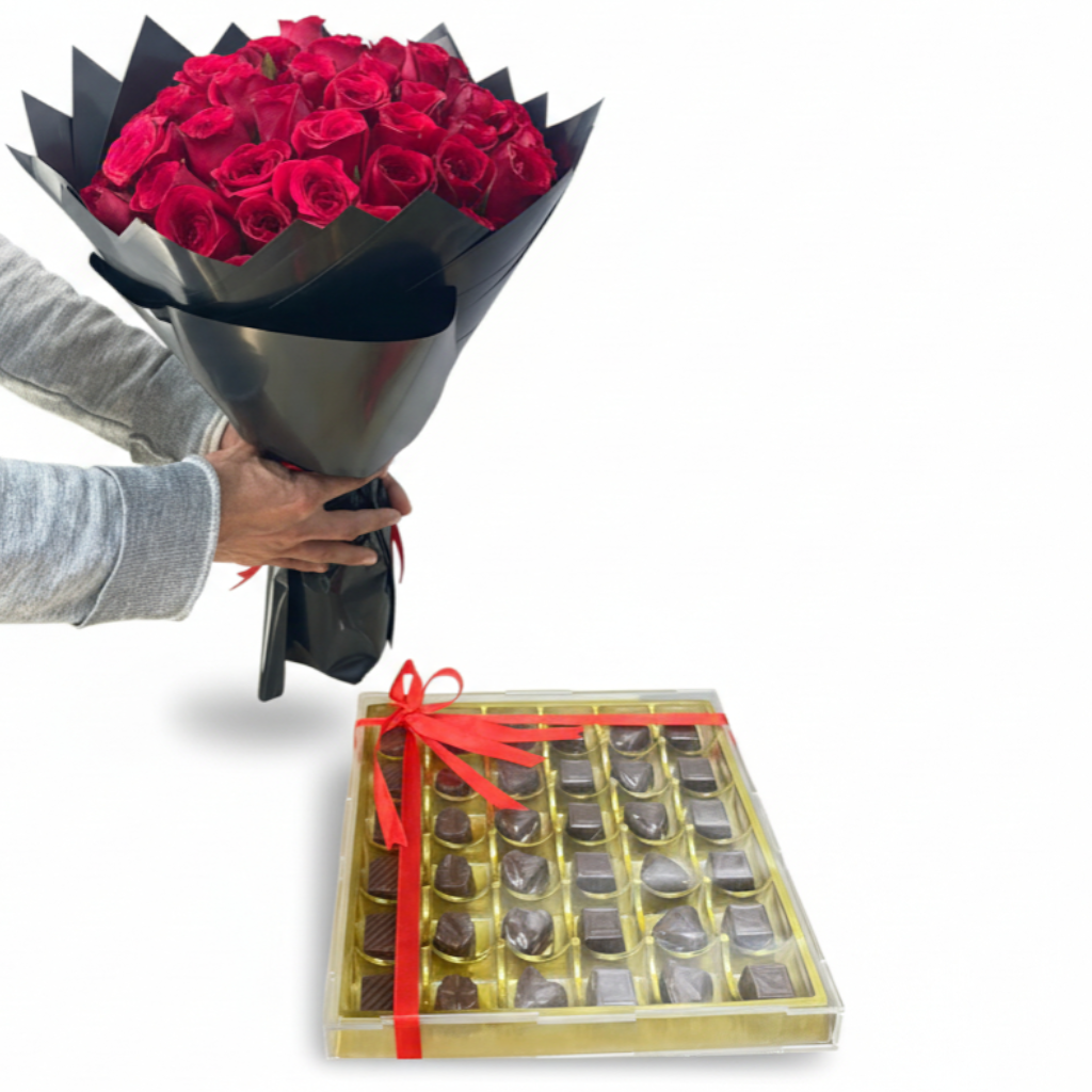 Grand Romance – 50 Red Roses Bouquet with Luxury Chocolate Box - Image 3