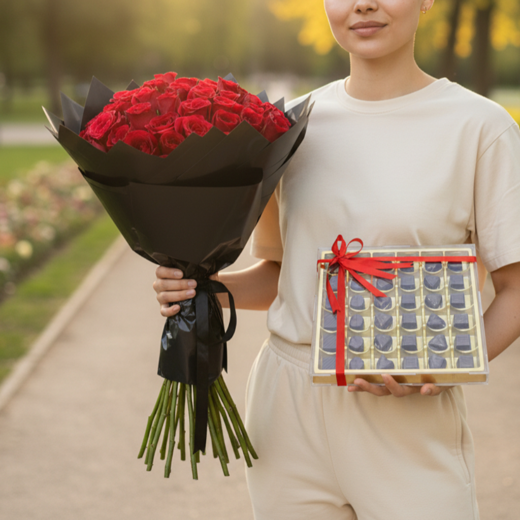 Grand Romance – 50 Red Roses Bouquet with Luxury Chocolate Box