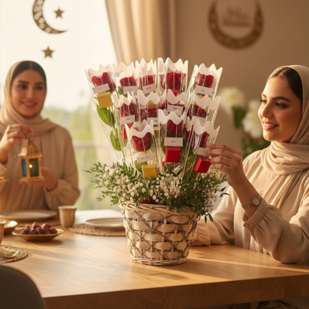 Noor Al Ramadan – 12 Roses & Chocolate Blessing Basket - Image 2