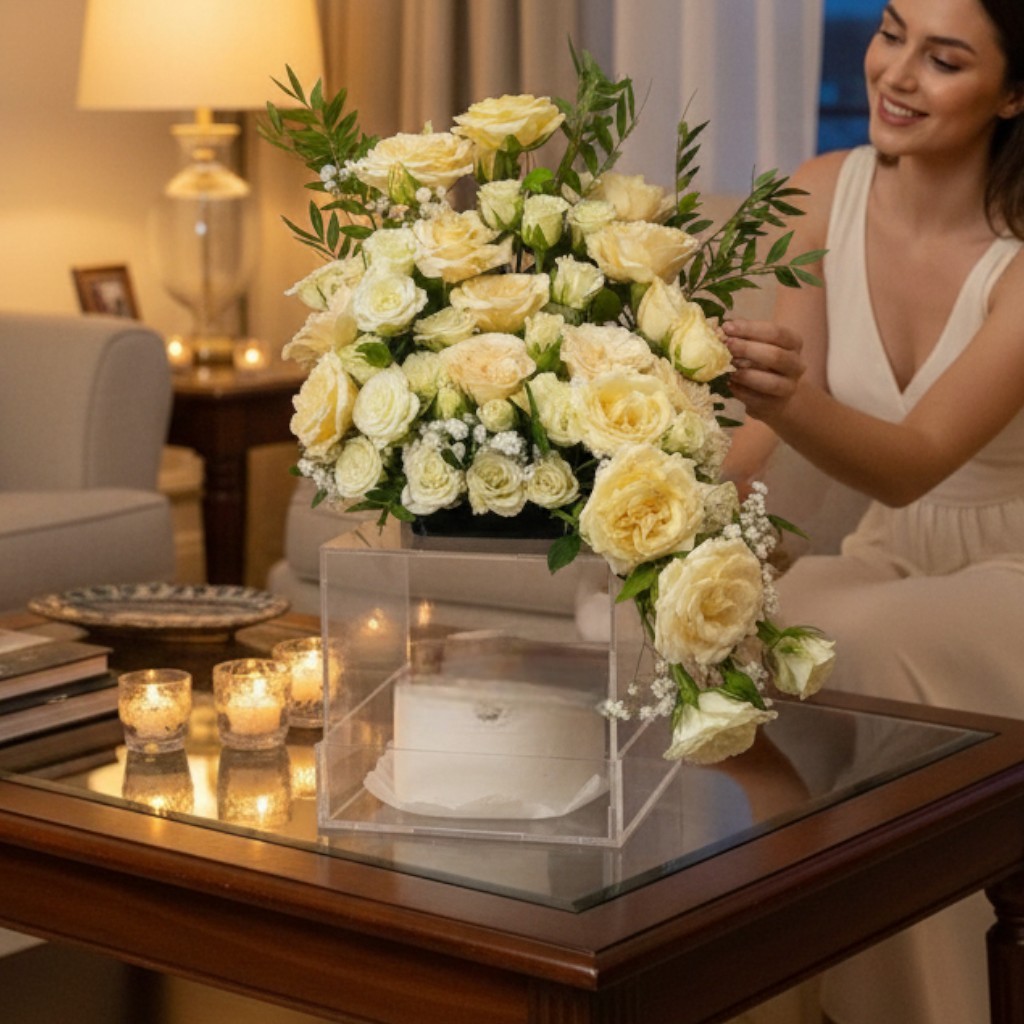 Golden Cascade – Luxury Roses & Celebration Cake Box - Image 2