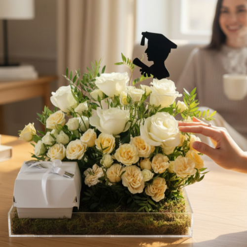 Golden Achievement – Graduation Rose Celebration Set with Cake