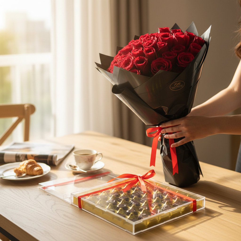Grand Romance – 50 Red Roses Bouquet with Luxury Chocolate Box - Image 2