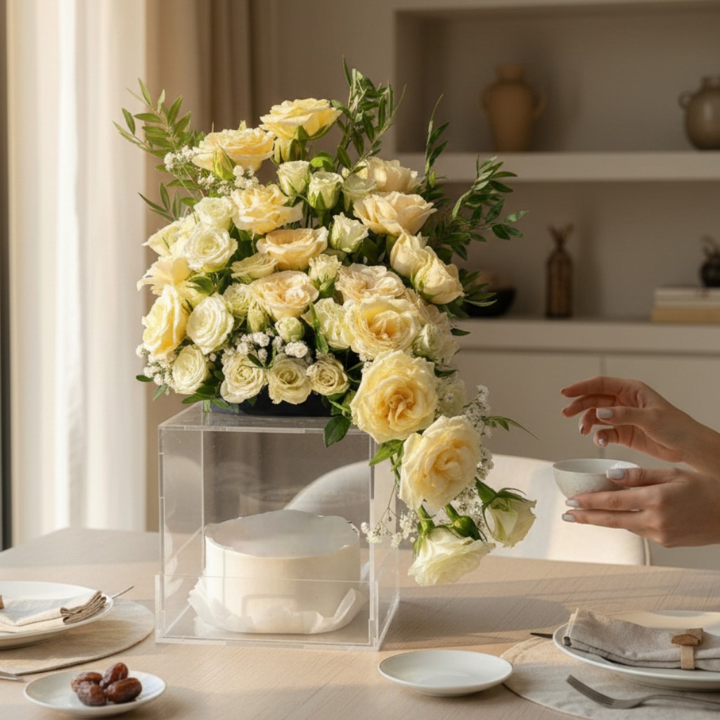 Golden Cascade – Luxury Roses & Celebration Cake Box