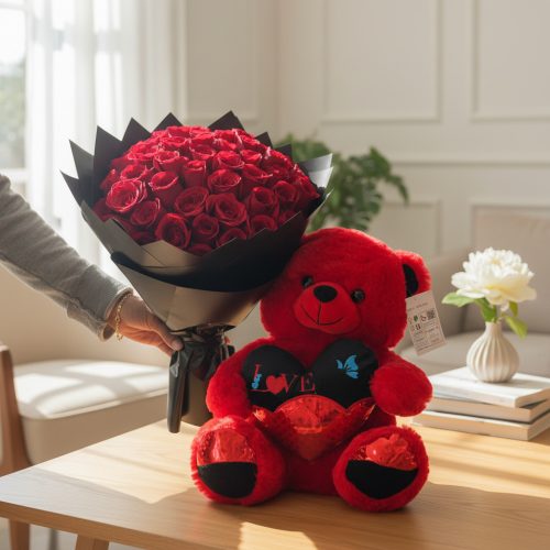 Crimson Love Rose Bouquet with Teddy Bear