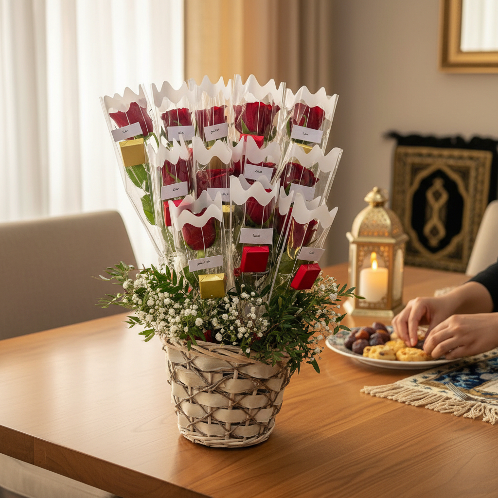 Noor Al Ramadan – 12 Roses & Chocolate Blessing Basket - Image 3