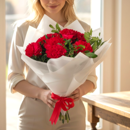 Product Description: A graceful bouquet of 8 fresh red carnations, beautifully wrapped in soft white premium paper and finished with a red ribbon for a clean and elegant look. This bouquet is designed to express love, admiration, appreciation, and heartfelt emotions in a simple yet beautiful way. The rich red carnations paired with fresh green foliage create a classic arrangement that feels warm, stylish, and suitable for many occasions. Whether it is for a birthday, anniversary, thank-you gift, or a thoughtful surprise, this bouquet makes every moment feel extra special. Product Highlights: 8 fresh red carnations Elegant white wrapping Finished with a red ribbon Styled with fresh green foliage Ruby Charm – 8 Red Carnation Bouquet