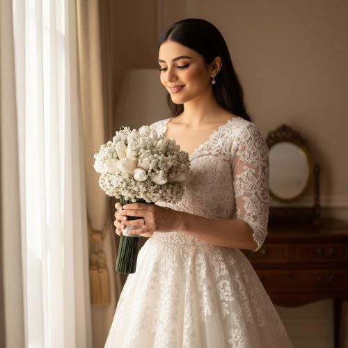 Pearl Whisper White Tulip & Baby’s Breath Wedding Brides Bouquet