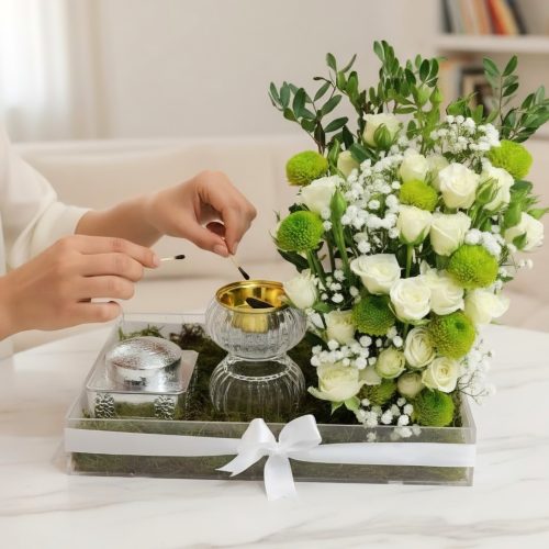 Elegant White Flowers & Bakhoor Gift Tray