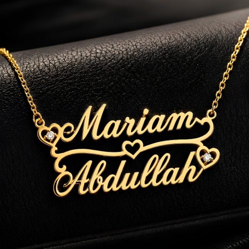 Custom Double Name Necklace with Hearts – Personalized Gold Name Necklace Kuwait