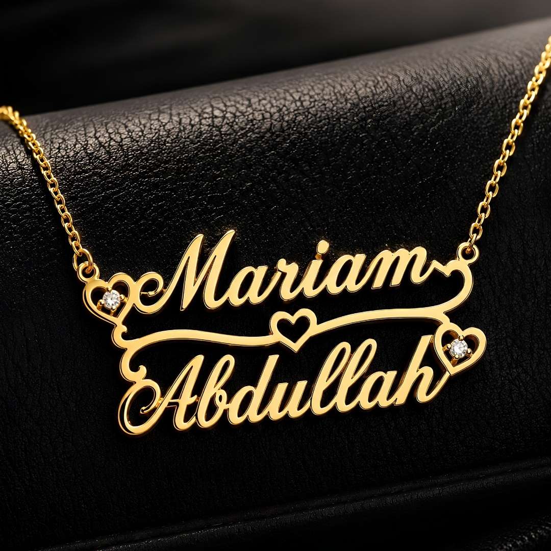Custom Double Name Necklace with Hearts – Personalized Gold Name Necklace Kuwait