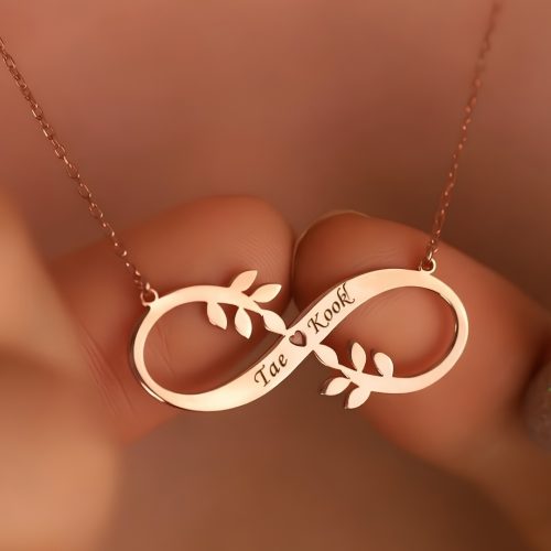 Personalized Infinity Name Necklace with Leaf Design – Custom Rose Gold Couple Necklace Kuwait