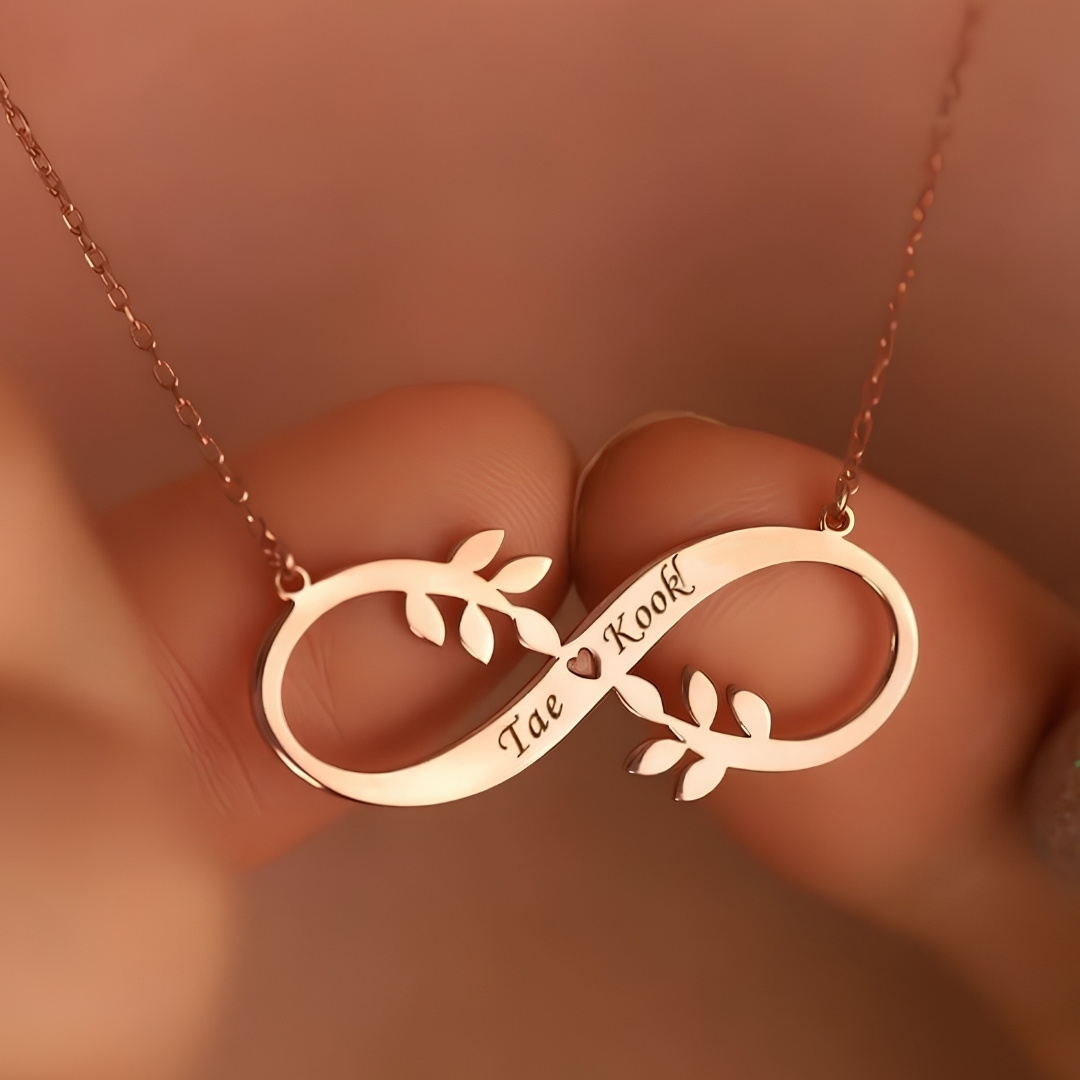 Personalized Infinity Name Necklace with Leaf Design – Custom Rose Gold Couple Necklace Kuwait