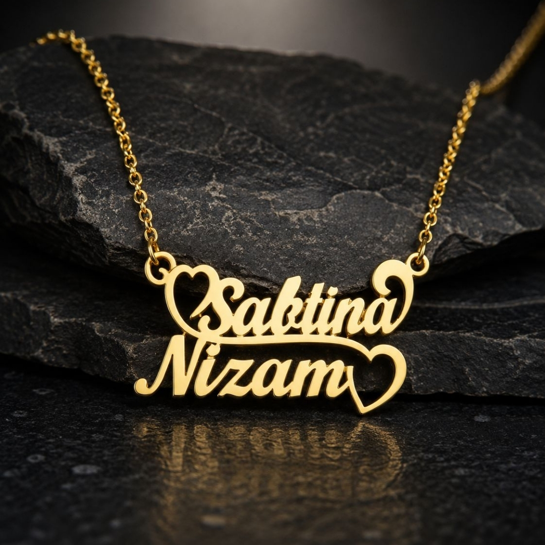 Custom Double Name Necklace with Hearts – Personalized Gold Couple Name Necklace Kuwait - Image 2