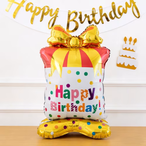 Golden Bow "Happy Birthday" Printed Gift Box Foil Balloon