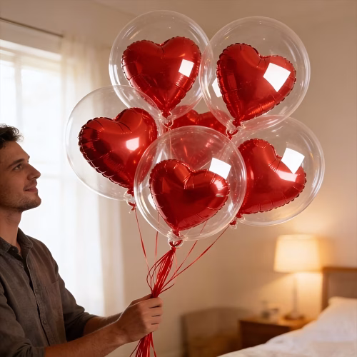 Transparent Wave Balls And Red Heart Balloons - 6Pcs
