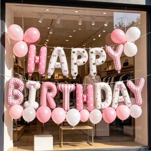 Set of Pink And White Happy Birthday Balloon Banner
