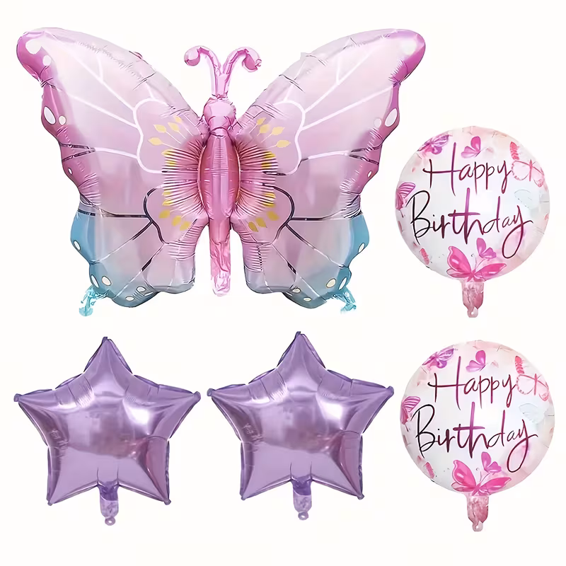 Pink Butterfly Birthday Balloons Set - 6pcs - Image 3